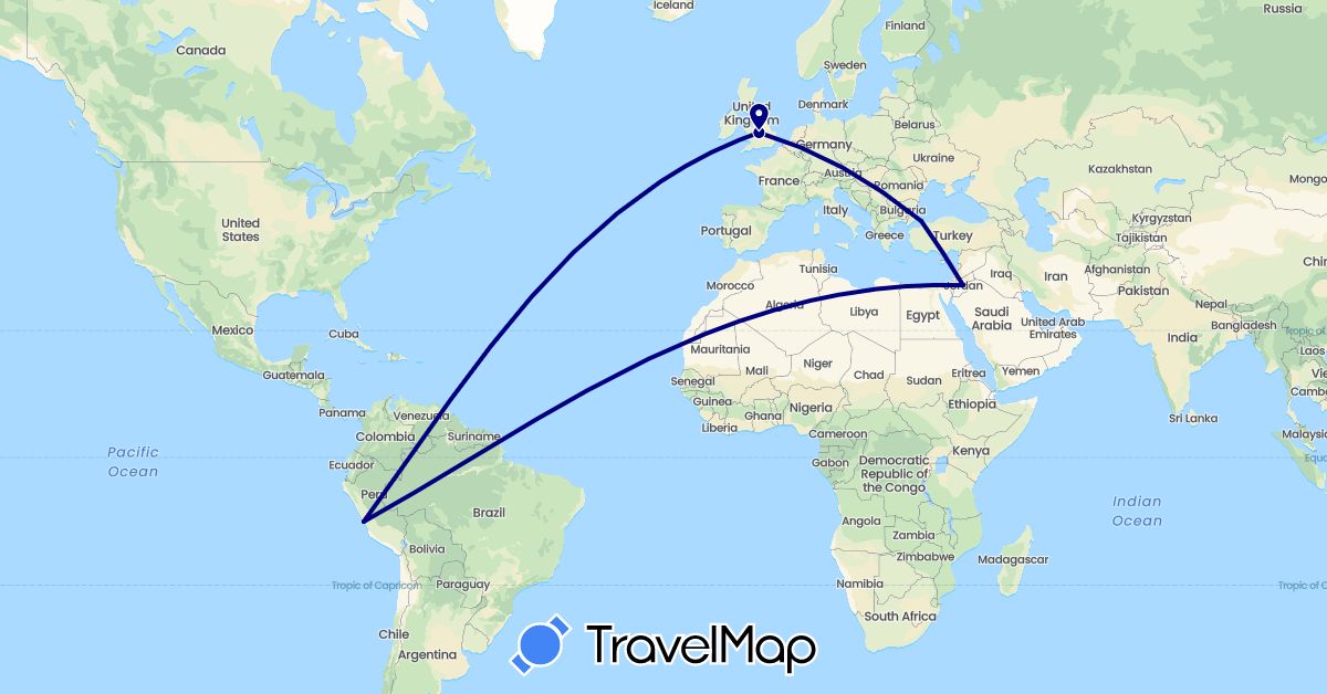 TravelMap itinerary: driving in United Kingdom, Jordan, Peru, Turkey (Asia, Europe, South America)